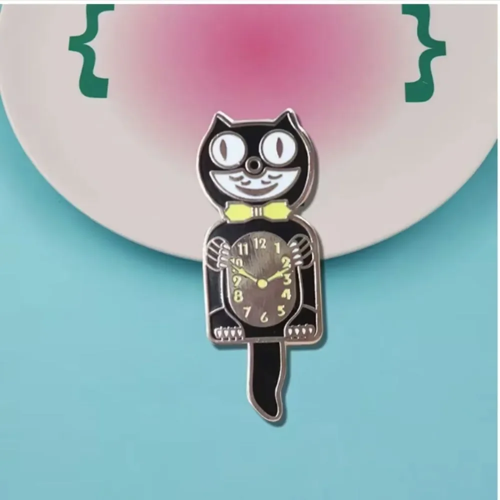 Retro Atomic Cat Clock Lapel Pin Brooch Black Kitty Vintage Look Jewelry 60s